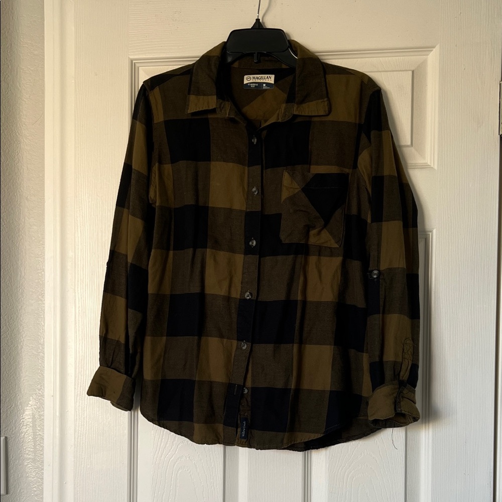 Women’s Magellan Outdoors Black and Olive Plaid Button Down Shirt